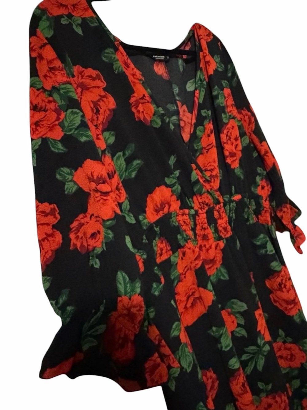 SHEIN CURVE ~Midi Dress ~Red Roses on Black ~Ruffled Sleeve & Hem ~Great Shape